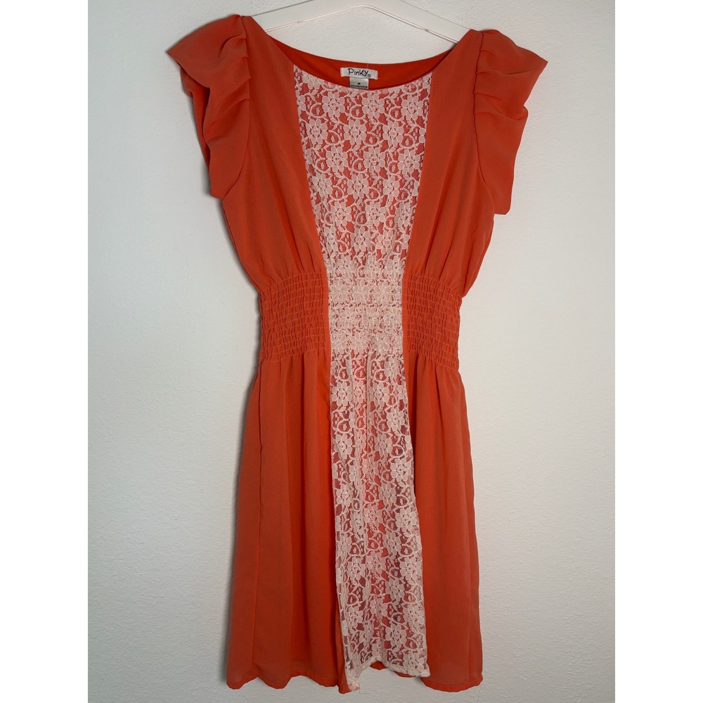Pinky Coral Orange Lace‎ Front Mini Dress Smocked Waist Ruffle Cap Sleeve Medium